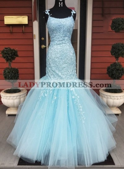 2023 Mermaid Tulle With Appliques Light Sky Blue Scoop Long Prom Dress