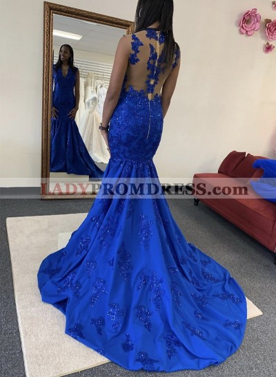 2023 Royal Blue Mermaid Long V Neck Prom Dress With Appliques