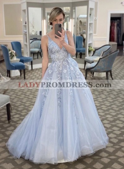 A Line V Neck Tulle Light Sky Blue Long Prom Dress With Appliques 2023