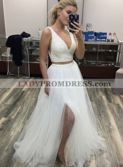 2023 A Line V Neck Two Pieces White Beaded Long Prom Dress