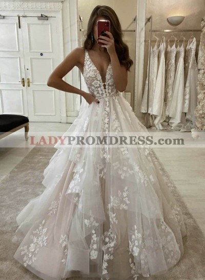 2023 V Neck Ivory Tulle With Appliques Long Prom Dress