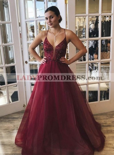 A Line Organza Burgundy Halter Beaded Backless Long Prom Dress 2023