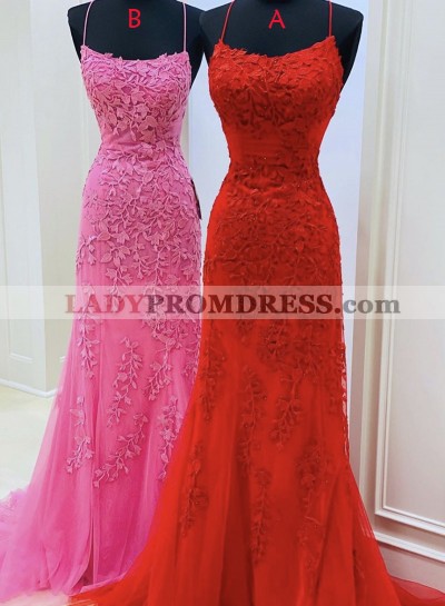 2023 Red Halter Backless Sheath Tulle With Appliques Long Prom Dress