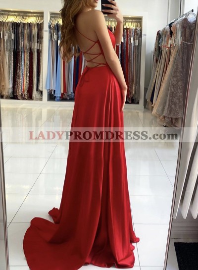 2023 A Line Red Sweetheart Side Slit Backless Long Prom Dress