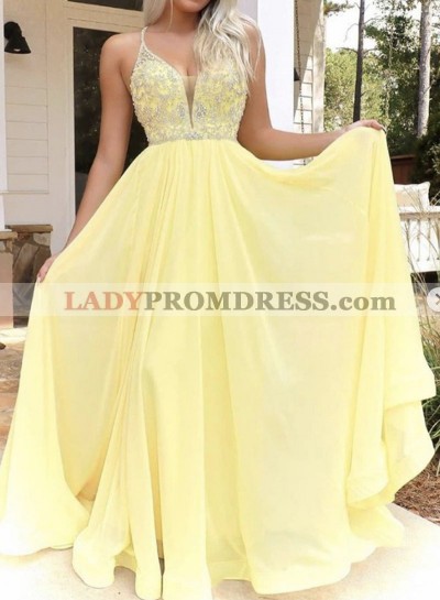 Halter Chiffon Sweetheart Beaded Backless Prom Dress Daffodil Long Prom Dress 2023