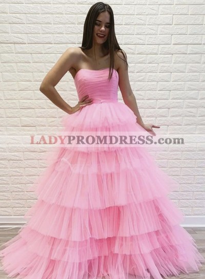 2023 A Line Layered Tulle Pink Strapless Long Prom Dress