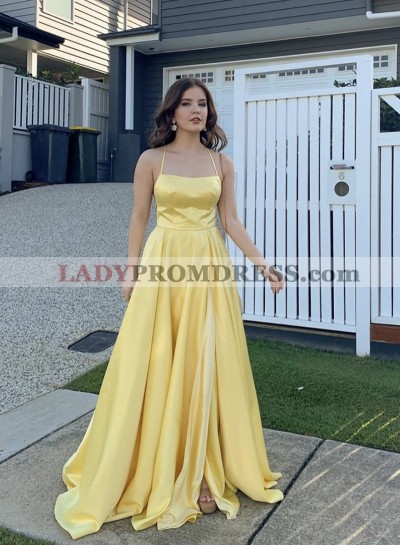 2023 A Line Daffodil Elastic Satin Halter Side Slit Long Prom Dress