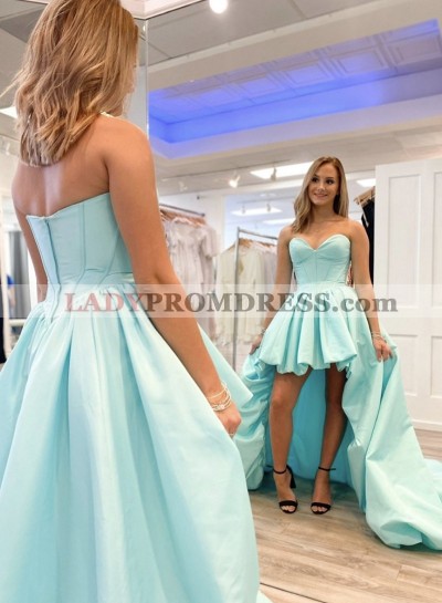 2023 A Line Sweetheart High Low Turquoise Satin Long Prom Dress