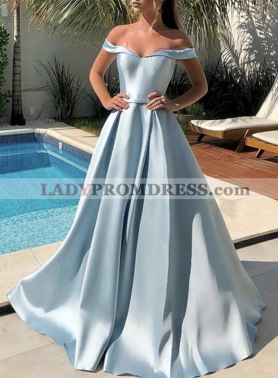A Line Elastic Satin Light Sky Blue Off Shoulder Long Prom Dress 2023