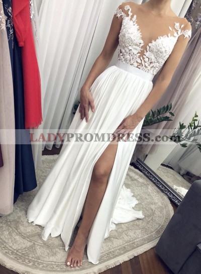 2023 A Line White Sweetheart Side Slit Chiffon Prom Dress With Appliques