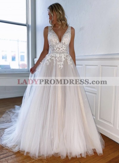 2023 A Line Sweetheart Beaded Long Backless Ivory Lace Prom Dress