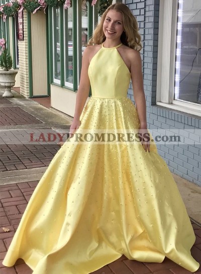 2023 A Line Yellow Satin Halter Long Pearls Prom Dress