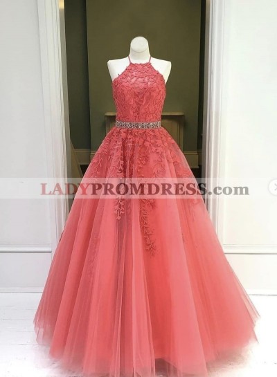 A Line Tulle With Appliques Water Melon Halter Long Prom Dress 2023