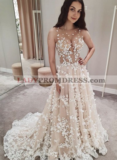 2023 A Line Champagne Tulle With Floral Long Prom Dress