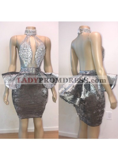 2023 Sheath Knee Length High Neck Backless Grey Short Prom Dress