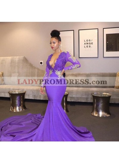 2023 Mermaid Purple Long Sleeves Open Front Long Prom Dress