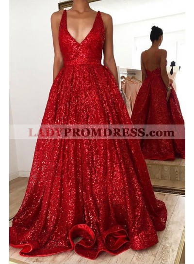2023 A Line Red V Neck Sequence Halter Backless Long Prom Dress
