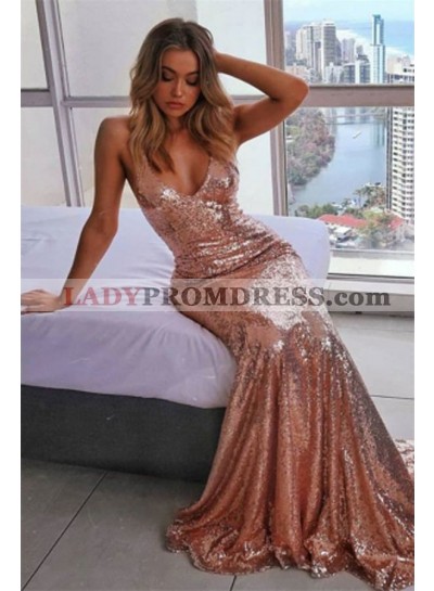 2023 Sheath Long Halter Sequence Backless Pink Prom Dress