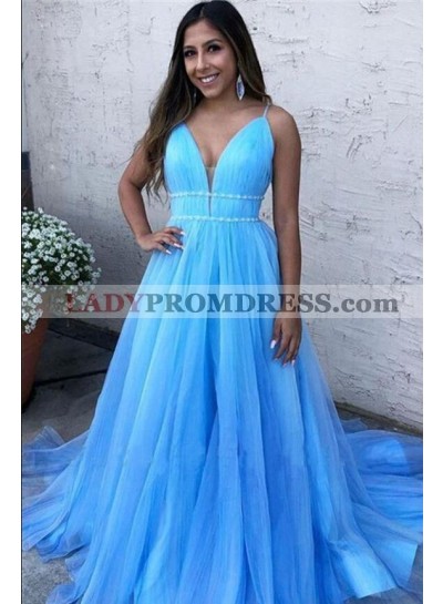 2023 A Line Blue Beaded Tulle Ruffles Long Prom Dress
