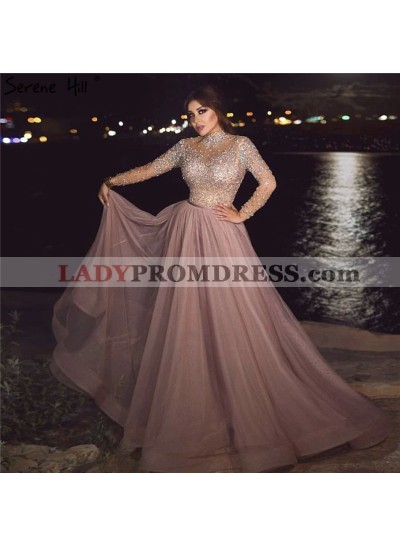 2023 A Line Dusty Rose Tulle Long Sleeves Beaded Long Prom Dress