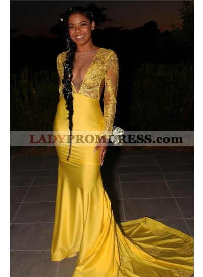 2023 Sheath Elastic Satin Long Yellow Long Sleeves Open Front Lace Prom Dress