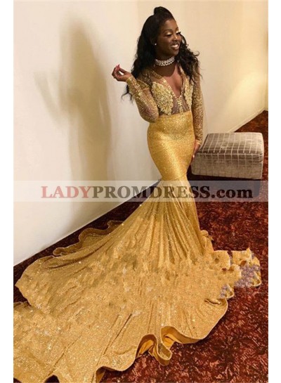 2023 Gold Mermaid Long Sleeves Sequence Long Prom Dress