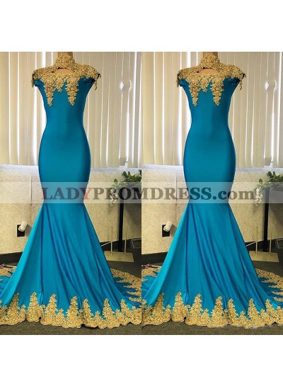 2023 Blue Mermaid High Neck With Gold Appliques Long Prom Dress