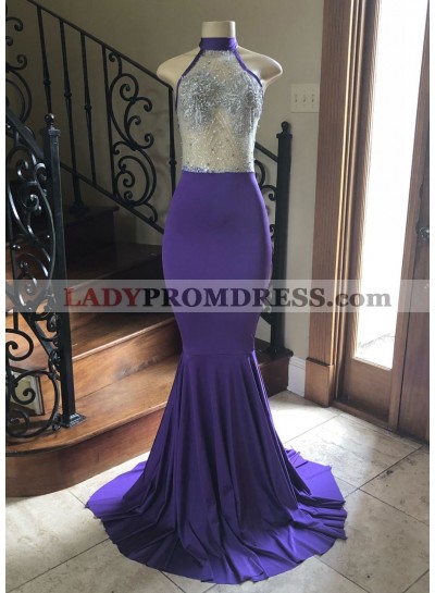 2023 Purple Sheath Elastic Satin Beaded See Through Long Prom Dress