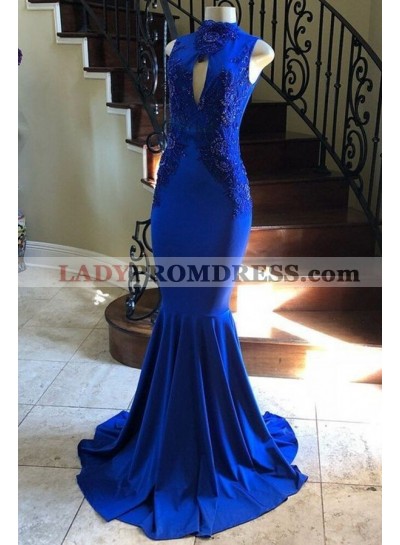 2023 Sheath Royal Blue Elastic Satin Long Prom Dress