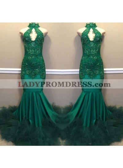 2023 Green Sheath Elastic Satin High Neck Long Prom Dress