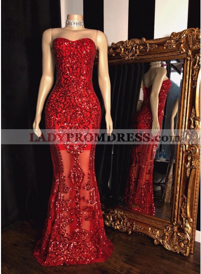 2023 Red Sheath Sweetheart Strapless Floor Length Tulle Lace Prom Dress