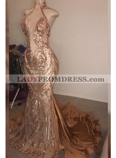 2023 Mermaid Dusty Rose Halter Long Backless Lace Prom Dress