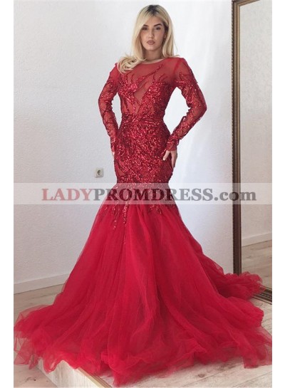 2023 Mermaid Long Sleeves Red Tulle Lace Long Prom Dress