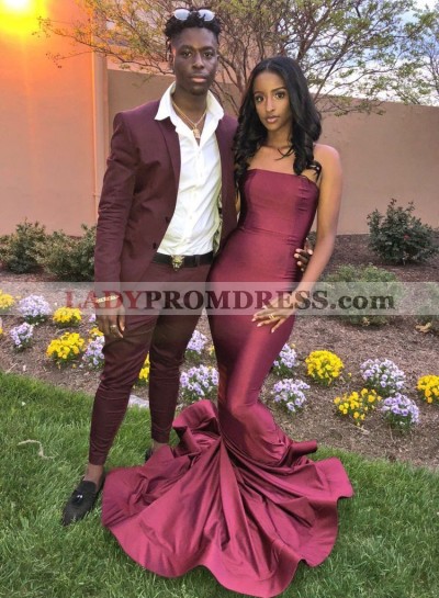 2023 Mermaid Satin Burgundy Strapless Long Prom Dress