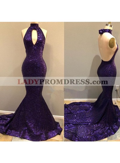 2023 Purple Sequence Mermaid Backless Long Prom Dress