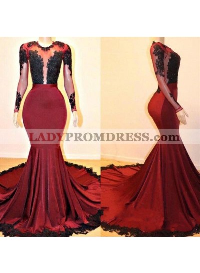 2023 Burgundy With Black Appliques Long Mermaid Scoop Prom Dress