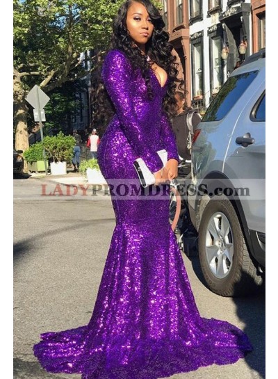 2023 Purple Sequence Long Sleeves Long Mermaid Prom Dress