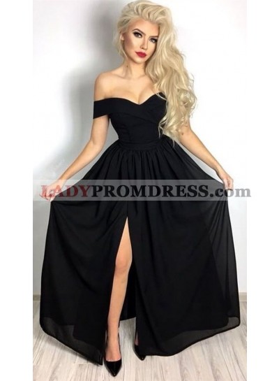 A Line Chiffon Off Shoulder Sweetheart Black Long Prom Dress 2023
