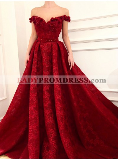 2023 A Line Red Off Shoulder Sweetheart Lace Long Prom Dress