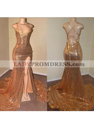 2023 Gold Halter Lace Up Back Sequence Side Slit Long Prom Dress