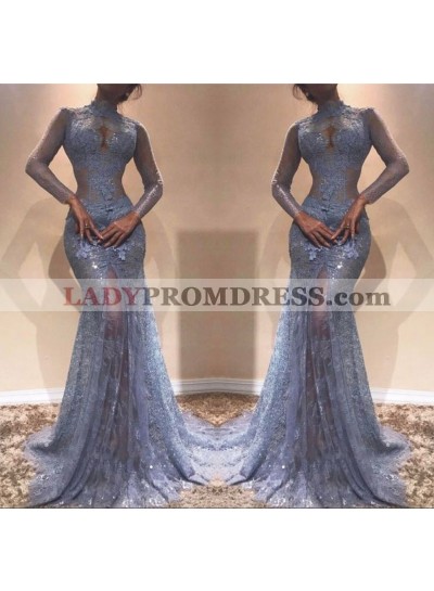 2023 Light Sky Blue Mermaid Long Sleeves High Neck Lace Long Prom Dress