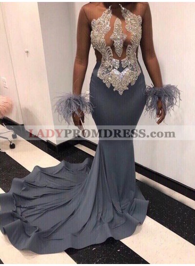 Long Sleeves 2023 Grey Beaded Mermaid Backless Feathers Long Prom Dress
