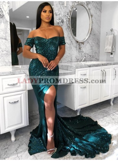 2023 Off Shoulder Sheath Sweetheart Sequence Side Slit Long Dark Green Prom Dress