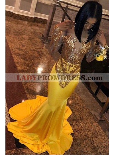 2023 Gold Long Sleeves Off Shoulder Sequence Long Prom Dress