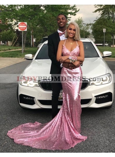 2023 Pink Halter Sweetheart Long Backless Sequence Prom Dress