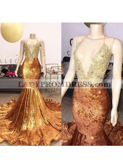 2023 Gold Halter Mermaid Backless V Neck Beaded Long Prom Dress