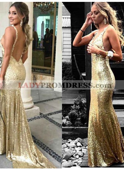 2023 Gold Sequence Sweetheart Halter Long Backless Prom Dress