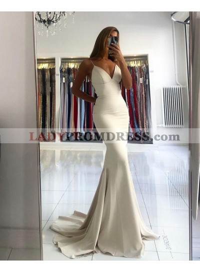 2023 Ivory Satin Empire Sweetheart Halter Long Mermaid Backless Prom Dress