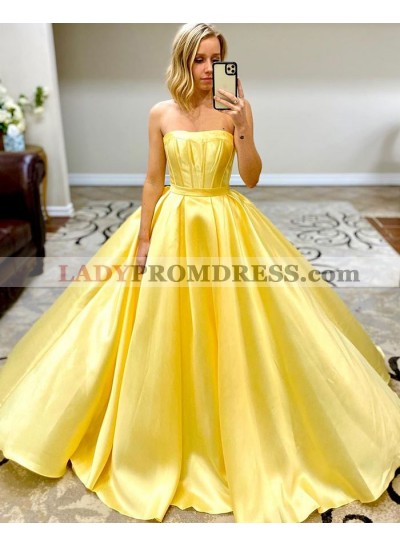 A Line Strapless Satin Long 2023 Yellow Prom Dress