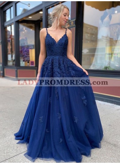 2023 A Line Dark Navy Sweetheart With Appliques Lace Up Backless Prom Dress
